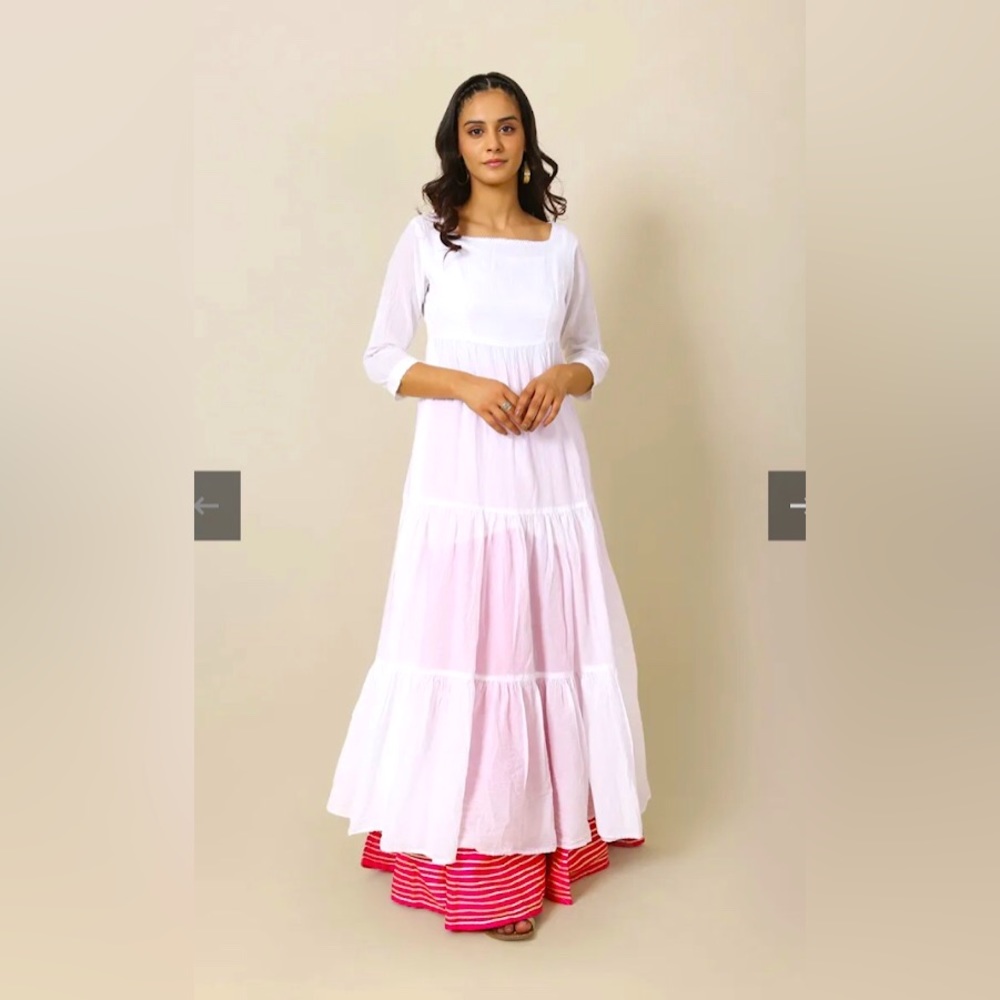 GENERATION Pakistan white crinkle cotton spring summer Tiered maxi dress S/M